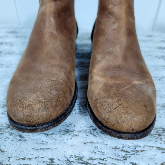 FRYE "Carly Chelsea" Cognac Double Zip Leather Ankle Bootie | Women's Size 6B - Picture 3 of 13